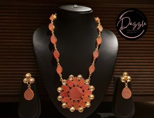 Ladies Pink Floral Golden Stone Jewelry Set