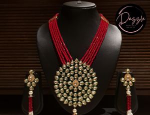 Ladies Red Bead Green Enamel Jewelry Set