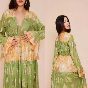 Ladies Green Cotton Printed Full Sleeve Maxi Dress