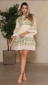 Ladies Cotton Off White and Green Embroidered A Line Frock Dress