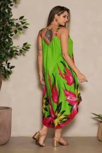 Ladies Green Flower Printed Satin V Neck Maxi Dress