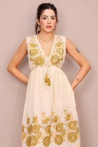 White and Green Floral Printed V Neck Cotton A-Line Maxi Dress