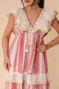 White and Pink Printed V Neck Cotton Frill A-Line Maxi Dress