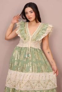 Ladies Cream and Green Cotton Frill Sleeveless A-Line Maxi Dress