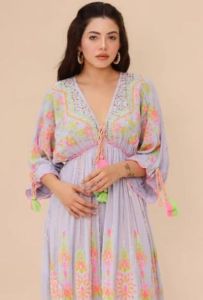 Ladies Pink Embroidered V Neck Cotton A-Line Maxi Dress