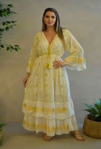 Handmade Embroidered V Neck Cotton A-Line Maxi Dress