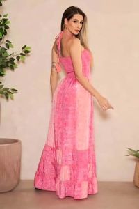 Off Shoulder Pink Cotton Printed Maxi Dress