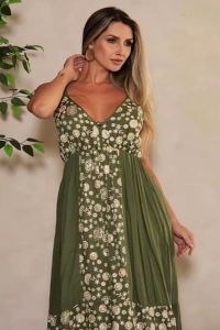 Ladies Green Cotton Printed V Neck Maxi Dress
