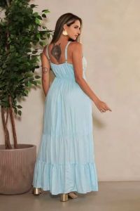 Ladies Sky Blue Cotton Printed V Neck Maxi Dress