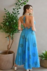 Sky Blue Printed Cotton Halter Neck Maxi Dress