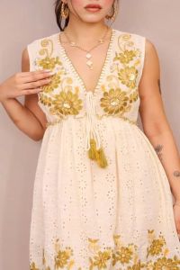 White and Green Floral Printed V Neck Cotton A-Line Maxi Dress