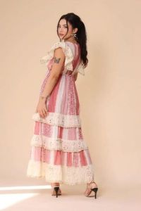 White and Pink Printed V Neck Cotton Frill A-Line Maxi Dress