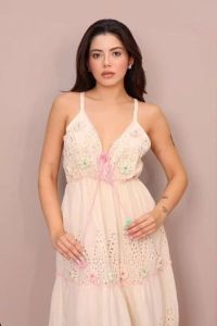 Ladies Cream Cowl Neck Cotton A-Line Maxi Dress