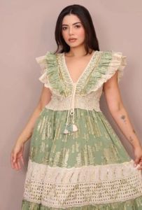 Ladies Cream and Green Cotton Frill Sleeveless A-Line Maxi Dress