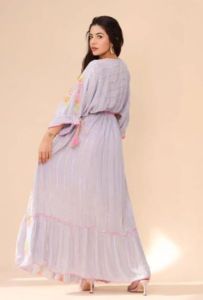 Ladies Pink Embroidered V Neck Cotton A-Line Maxi Dress