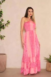 Off Shoulder Pink Cotton Printed Maxi Dress