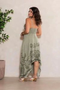 Ladies Sea Green Cotton Printed V Neck Handkerchief Hem Dress