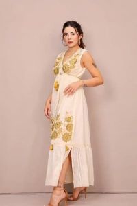 White and Green Floral Printed V Neck Cotton A-Line Maxi Dress