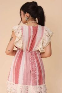 White and Pink Printed V Neck Cotton Frill A-Line Maxi Dress
