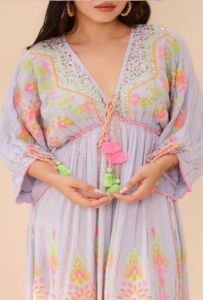 Ladies Pink Embroidered V Neck Cotton A-Line Maxi Dress