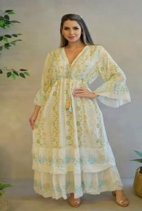 Handmade Embroidered V Neck Cotton A-Line Maxi Dress