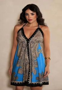 Black and Sky Blue Printed Satin Cowl Neck Mini Dress