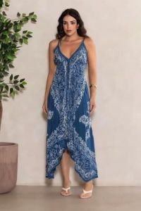 Blue Cotton Printed V Neck Handkerchief Hem Dress