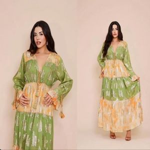 Ladies Green Cotton Printed Full Sleeve Maxi Dress