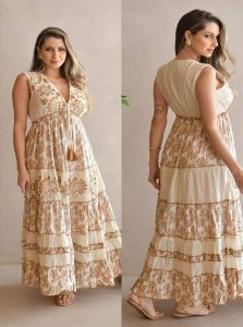 Ladies Beige Cotton Printed Sleeveless A-Line Maxi Dress