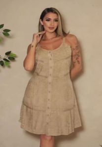 Ladies Biege Embroidered Cotton V Neck Short Dress