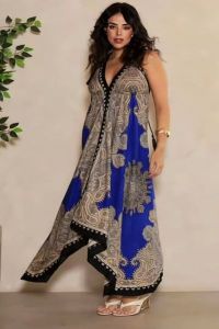 Ladies Blue and Black Printed Halter Neck Silk Handkerchief Dress