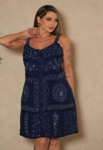 Ladies Blue Embroidered Cotton V Neck Short Dress