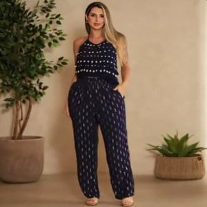 Ladies Blue Printed Halter Neck Top With Pant Co-Ord Set