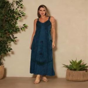Ladies Blue V Neck Cotton Printed Maxi Dress