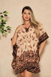 Ladies Brown Cotton Printed Kaftan Kurti