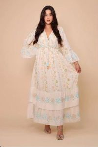 Ladies Cotton Embroidered Full Sleeve A-Line Maxi Dress