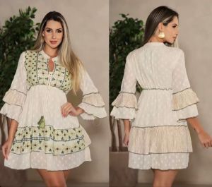 Ladies Cotton Off White and Green Embroidered A Line Frock Dress