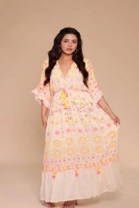 Ladies Cotton Printed V Neck A-Line Maxi Dress