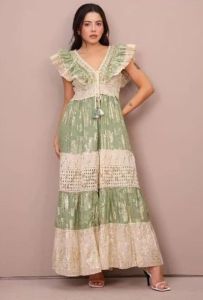 Ladies Cream and Green Cotton Frill Sleeveless A-Line Maxi Dress
