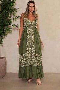 Ladies Green Cotton Printed V Neck Maxi Dress