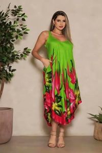 Ladies Green Flower Printed Satin V Neck Maxi Dress