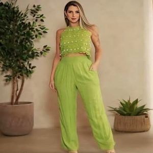 Ladies Green Printed Halter Neck Top With Pant Co-Ord Set