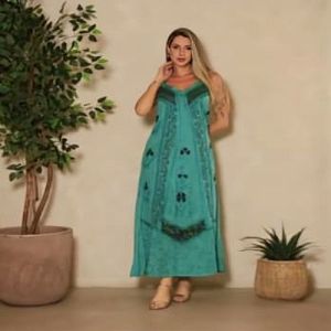 Ladies Green V Neck Cotton Printed Maxi Dress