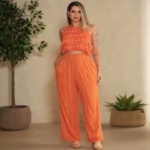 Ladies Orange Printed Halter Neck Top With Pant Co-Ord Set