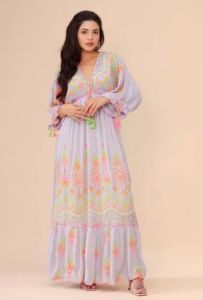 Ladies Pink Embroidered V Neck Cotton A-Line Maxi Dress