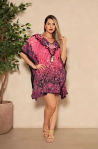 Ladies Pink Rayon Printed Kaftan Kurti