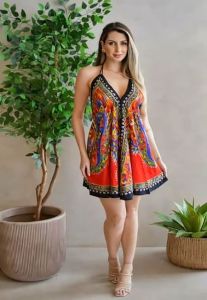 Ladies Red Printed Poly Cotton Halter Neck Short Dress