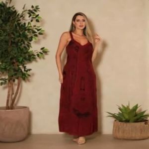 Ladies Red V Neck Cotton Printed Maxi Dress