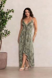 Ladies Sea Green Cotton Printed V Neck Handkerchief Hem Dress