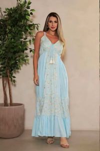 Ladies Sky Blue Cotton Printed V Neck Maxi Dress